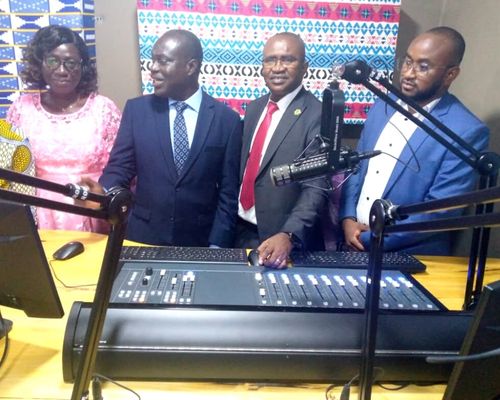 Among those taking part in the opening festivities for the FM station in Yamoussoukro are Florence Mbamba, left, director of Radio Evangile, and Abdoulaye Sangho, third from left, TWR international director for West Africa.