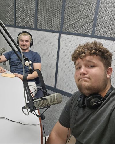 Burke (left) and fellow intern, Olly (right), recording in one of the studios at TWR's Bonaire station. 