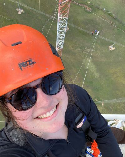 Emma's engineering internship gives her the opportunity to experience her discipline firsthand, including climbing the radio towers on-site.