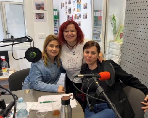 Ledi Hebibasi [right], director of TWR Albania, and memebers of the TWR Albania team in the studio.