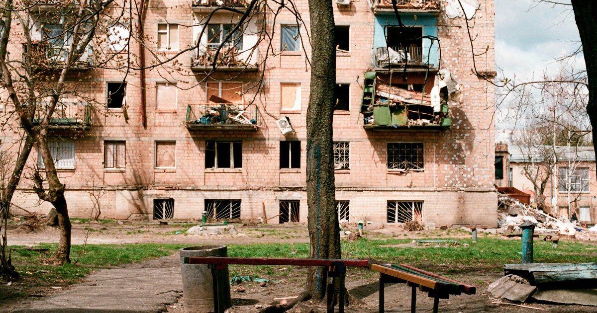 Apartment building in Ukraine that is destroyed because of the war