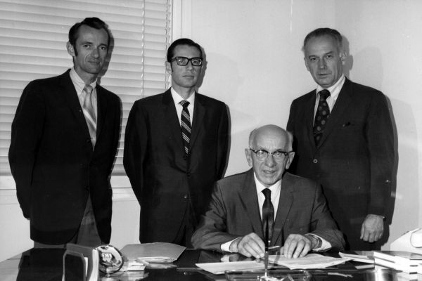 (middle, right) Bill Mial, then Field Director in Monte Carlo; Tom Lowell, then Field Director on Bonaire, Dr. Ralph Freed, then General Director, and Dr. Paul Freed, former President of TWR.