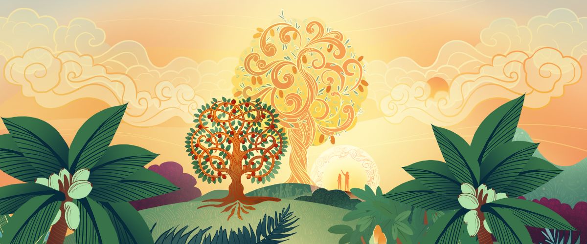 Digital art of the Journey of Hope series by TWR MOTION, depicting the silhouettes of Adam and Eve in the garden of Eden. 