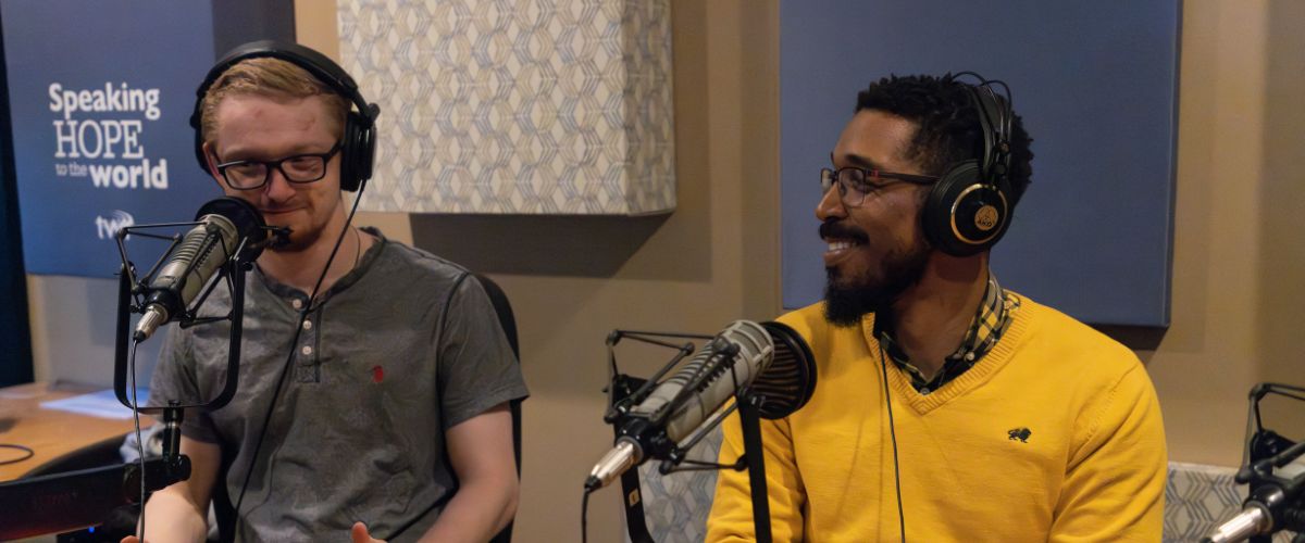 Jehiel Ortiz (right) records in one of TWR's studios in Cary, North Carolina, alongside Global Content Media Producer, Jacob Osborn.