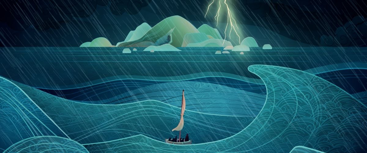 A scene from Journey to Hope, opening on the disciples in a boat with Jesus, bobbing in a storm with and island and lightning in the distance