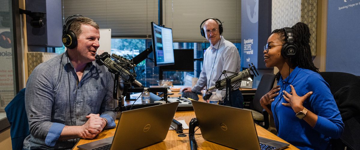 John-Paul Davies (left), Scott Hollinger (center) and Unathi Sithole (right) came together in-person for the first time to record Mission 66 programming from the studio in TWR’s offices in the U.S. 