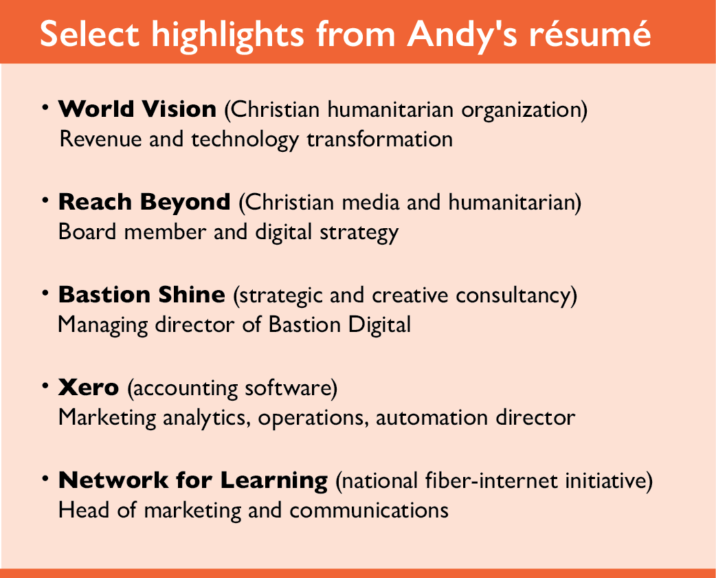 Select highlights from Andy's resume