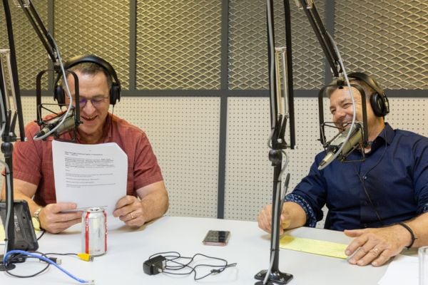 Steve Shantz (right) and Jon Fugler (left) record from the TWR studios on the island of Bonaire during a Latin America campaign.