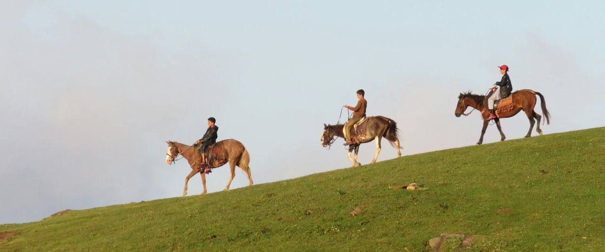 Three Pakistani youths ride down a hill on horseback